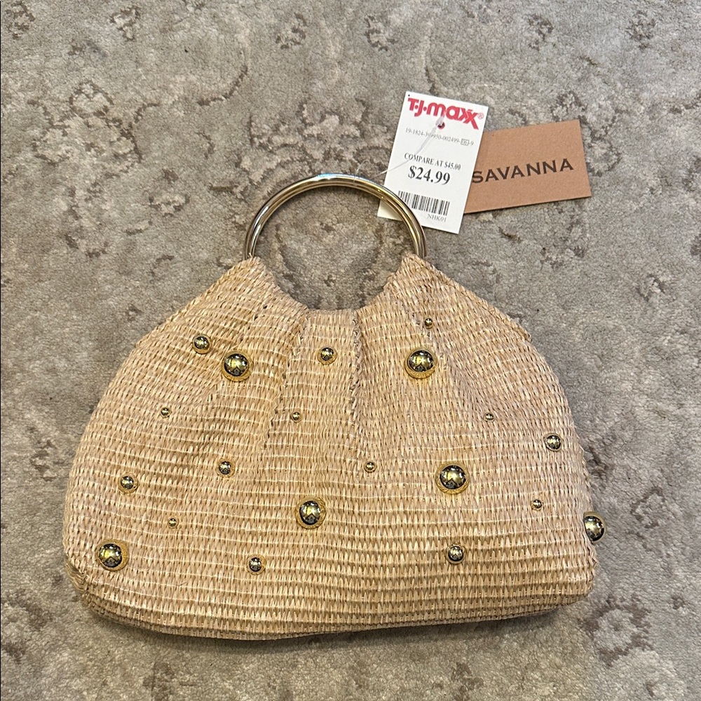 Savannah Beige Woven Clutch with Metallic Accents